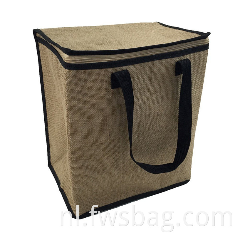 Eco -vriendelijke ritssluiting herbruikbaar aangepast logo geïsoleerde tote hessian jute koeler tas voor voedselfolie geïsoleerde tas